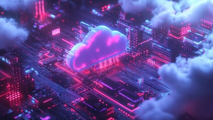 Poster - Futuristic Digital Cloud Infrastructure with Neon Lights and Circuit Board Design in a Vibrant Cybernetic Environment