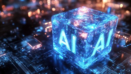 Poster - Futuristic Digital Cube Representing Artificial Intelligence in a High-Tech Cyber Environment with Neon Light Effects and Circuit Patterns