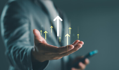 Poster - Hand holding growth business strategy arrow concept on success target improvement with increase development graph profit or economy investment income target and goal increase achievement.
