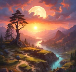 Illustration of fantasy scenic landscape.