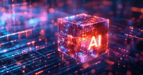 Poster - Futuristic digital cube with glowing AI letters in vibrant colors representing artificial intelligence technology and data processing in cyberspace environment