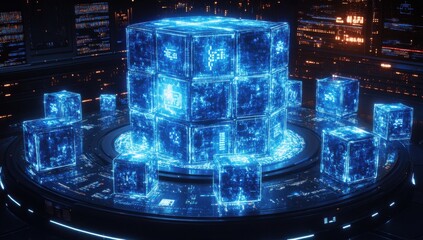 Poster - Futuristic Digital Data Storage with Glowing Cubes in a High-Tech Environment Displaying Complex Blueprints and Vibrant Technology Elements