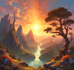 Illustration of fantasy scenic landscape.