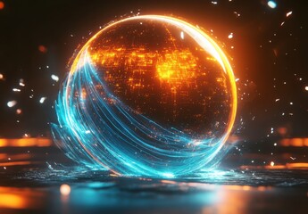Poster - Futuristic Digital Globe with Luminous Orange and Blue Lines Wrapping Around Surrounded by Sparkling Particles on Abstract Background