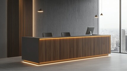 Poster - Stylish reception area featuring a contemporary desk with warm lighting and a panoramic city view through large windows on an overcast day