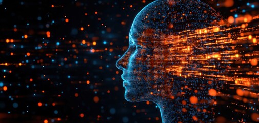 Poster - Futuristic Digital Human Face Representing Artificial Intelligence with Abstract Data Flow and Neon Particles in a Dark Background