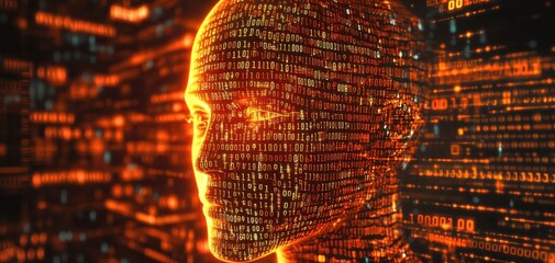 Poster - Futuristic Digital Human Head Silhouette Composed of Binary Code with Light Effects for Artificial Intelligence and Technology Themes