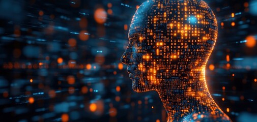 Poster - Futuristic digital human silhouette with glowing binary code, representing artificial intelligence and data technology in a virtual reality environment