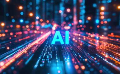 Poster - Futuristic digital illustration of artificial intelligence concept with glowing blue letters and vibrant data streams in a technological environment