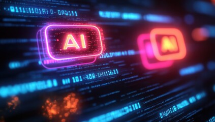 Aufkleber - Futuristic digital interface displaying glowing AI symbols amidst abstract data streams representing artificial intelligence technology and innovation concepts