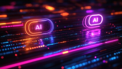 Aufkleber - Futuristic Digital Interface with Colorful Neon Lights Featuring AI Symbols and Lines of Data Flow in a High-Tech Background