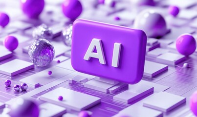Poster - Futuristic digital landscape featuring a vibrant purple AI button surrounded by abstract spheres and shimmering elements on a sleek platform