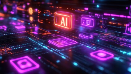 Poster - Futuristic Digital Landscape Featuring Neon Technology Symbols and AI Concept in Cybernetic Network Environment
