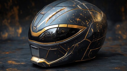 Poster - Futuristic Gold & Black Motorcycle Helmet: A Masterpiece of Design and Craftsmanship, Showcasing Exquisite Detail and a Striking Contrast of Colors.