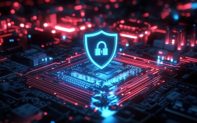 Poster - Futuristic Digital Lock Symbol Over Circuit Board Background Representing Cybersecurity and Data Protection in Technology Environment