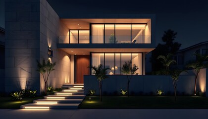 Contemporary urban 8K house with geometric shapes, concrete textures, and ambient LED lighting