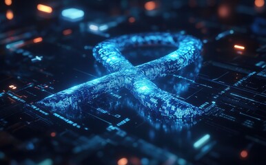 Poster - Futuristic Digital Representation of a Blue Ribbon Symbolizing Awareness in a High-Tech Environment