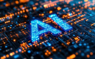 Poster - Futuristic digital representation of AI technology with glowing blue letters and vibrant circuitry background for tech and innovation themes