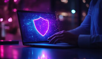 Poster - Futuristic Digital Security Concept with Glowing Shield Icon and Laptop in Modern Cyber Environment for Protection and Data Safety