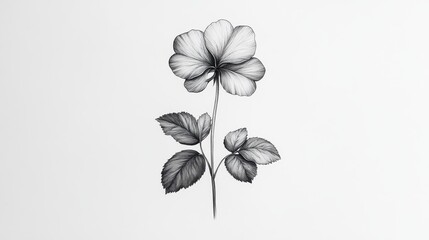 Aufkleber - Intricate Botanical Illustration: A Pen and Ink Drawing of a Single Flower with Delicate Leaves, Exhibiting Exquisite Detail and Shading.