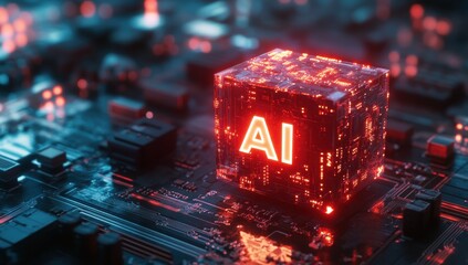 Aufkleber - Futuristic glowing AI cube on a circuit board, showcasing advanced technology and digital innovation in artificial intelligence systems and networking concepts.