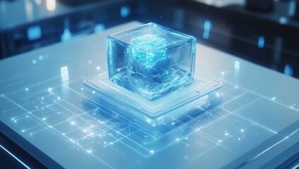 Poster - Futuristic Glass Cube with Glowing Blue Light on Digital Interface in High-Tech Laboratory Environment