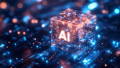 Aufkleber - Futuristic glowing AI cube surrounded by digital data streams and connections in a mesmerizing technological landscape