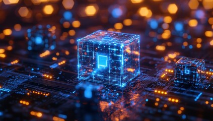 Poster - Futuristic glowing cube network on dark digital background with abstract circuitry patterns and luminous points creating an innovative technology concept.