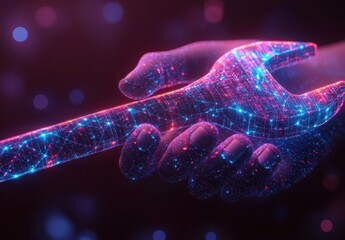 Poster - Futuristic Hand Holding a Digital Light Tool with Vibrant Colors and Data Patterns Representing Technology Innovation and Advanced Connectivity Concepts