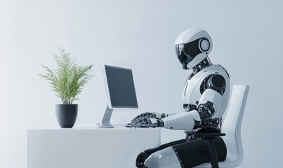 Poster - Futuristic humanoid robot working on a computer in a modern office environment with a potted plant adding a touch of nature to the workspace