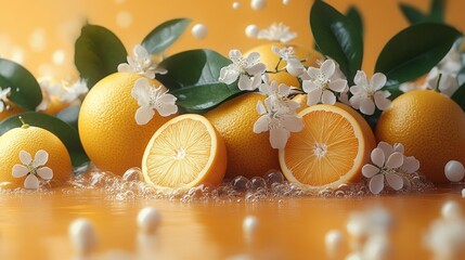 Poster - Refreshing Citrus Burst: Juicy Oranges, Delicate Blossoms, and Sparkling Bubbles in a Vibrant Golden Hue.
