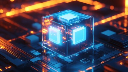 Aufkleber - Futuristic Light Blue Cube Displaying Digital Elements on a Circuit Board Surrounded by Bright Orange Lights and High-Tech Background