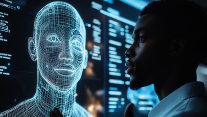Aufkleber - Futuristic Male Interacting with Digital Hologram of Human Face in Innovative Technology Environment