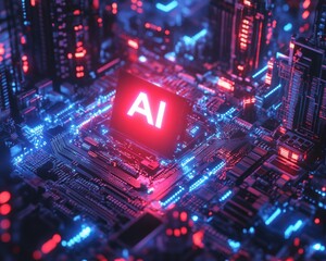 Aufkleber - Futuristic Microchip Surrounded by Vibrant Neon Lights Representing Artificial Intelligence Technology and Modern Cybernetic Cityscape