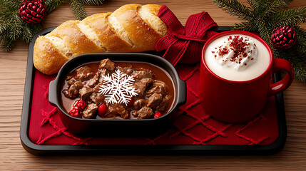 Canvas Print -  cozy winter scene with beef stew and hot cocoa