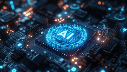 Poster - Futuristic Microchip with AI Technology Concepts Surrounded by Circuitry and Glowing Elements in a High-Tech Digital Environment
