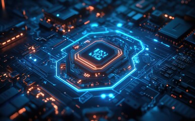 Aufkleber - Futuristic Microchip with Glowing Blue Lights and Complex Circuitry Pattern on a High-Tech Background