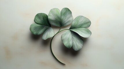 Fototapete - Serene Still Life: An Artistic Depiction of a Delicate Four-Leaf Clover on a Textured Beige Background, Evoking Feelings of Tranquility and Natural Beauty.