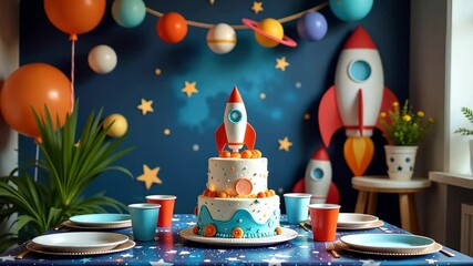 Poster - A birthday party with a rocket cake on a table. The rocket is decorated with stars and balloons