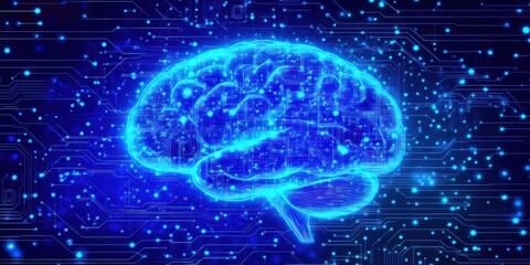 Poster - Futuristic Neon Blue Brain Illustration with Circuit Patterns and Glowing Digital Elements Representing Artificial Intelligence and Technology Concepts