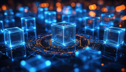 Poster - Futuristic Network of Glowing Blue Cubes with Energetic Circles in a Digital Data Landscape Representing Technology and Innovation