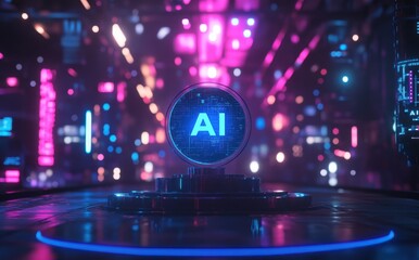 Poster - Futuristic Neon Scene Featuring a Circular AI Symbol Surrounded by Vibrant Lights in a High-Tech Urban Environment