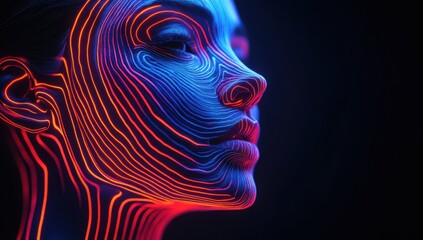 Poster - Futuristic Portrait of Woman Illuminated by Colorful Neon Lines Highlighting Facial Features in Dark Background
