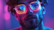 © Almahyra - Close-up portrait of a man with glasses, illuminated by neon lights.