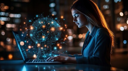 Poster - Woman using laptop, AI concept.