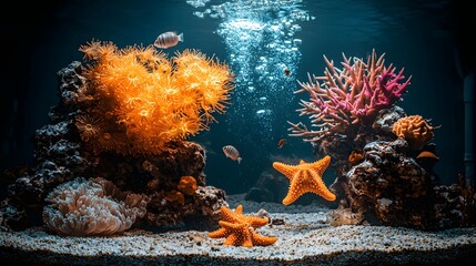 Wall Mural - Vibrant underwater coral reef scene teeming with diverse and colorful marine life including starfish anemones sponges and other fascinating aquatic creatures