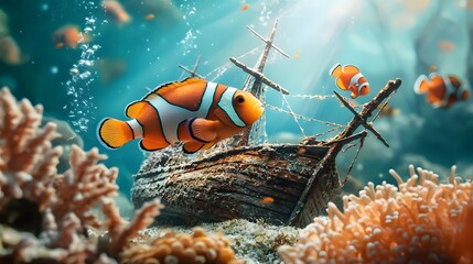 Wall Mural - Clownfish swimming near a sunken boat in a vibrant underwater coral reef ecosystem surrounded by tropical marine life and sunlight streaming through the water