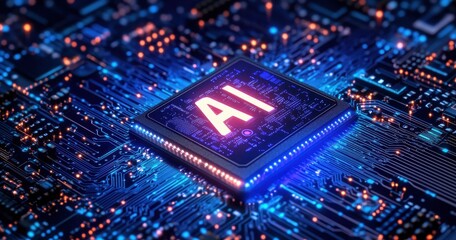 Poster - Futuristic Representation of AI Technology with Microchip Surrounded by Electronic Circuitry and Glowing Lights for Digital Innovation