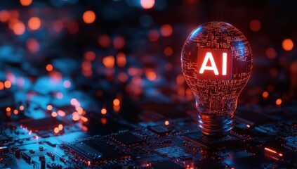Poster - Futuristic Representation of Artificial Intelligence with Glowing Light Bulb Set Against Circuit Board Background in Shades of Blue and Red