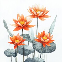 Canvas Print - A beautiful watercolor of water lilies with vibrant orange petals, set against a crisp white background